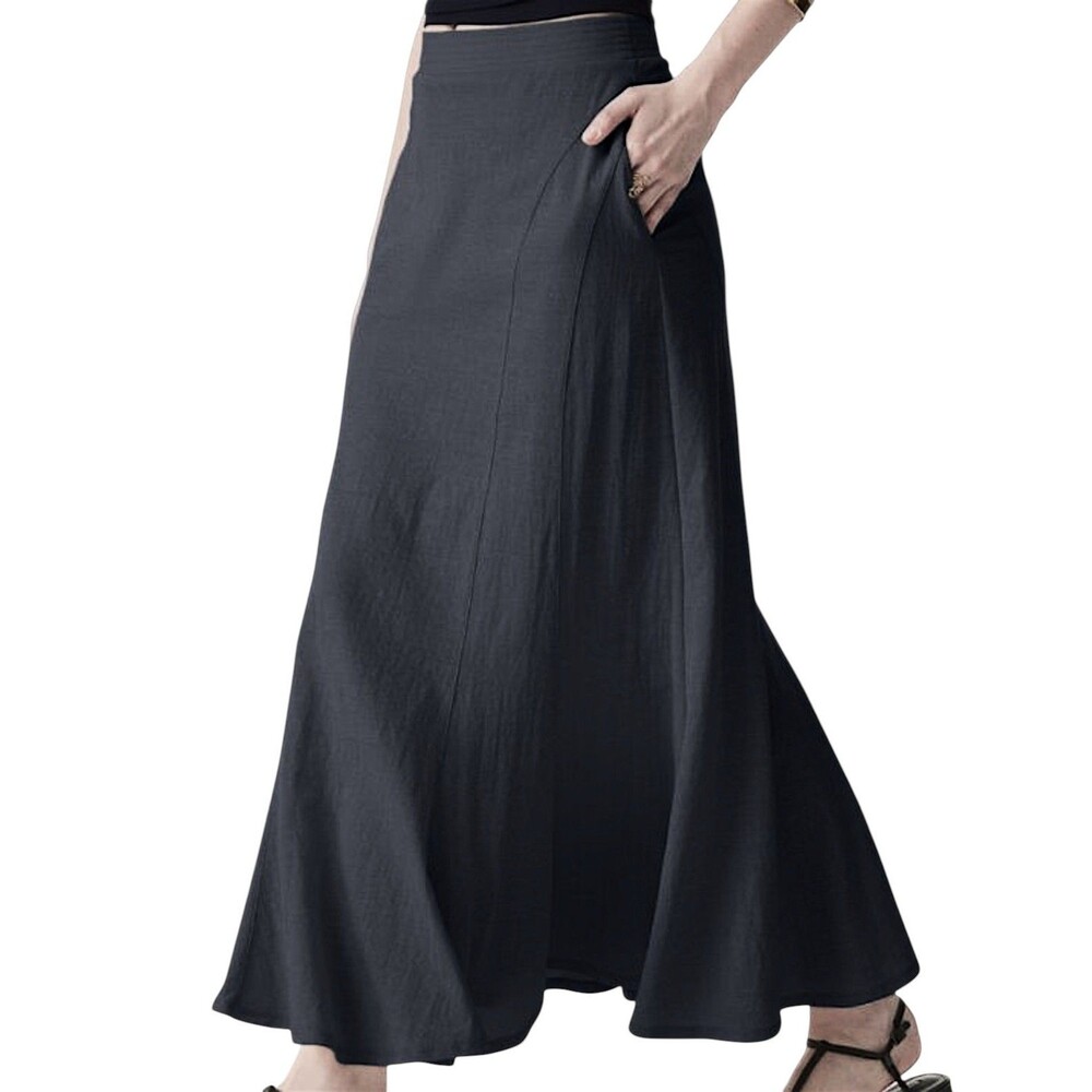 OGL Black Stretch Linen Blend Flowy Mermaid Maxi Skirt With Side Pockets Size M